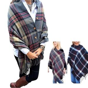 Plaid Flannel Poncho Cape Blanket Scarf Versatile Wooden Button Red Tan Gray OS
